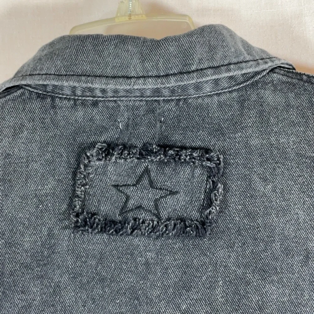POL Oversized Gray Stone Washed Denim, white star distressed frayed hem Shacket